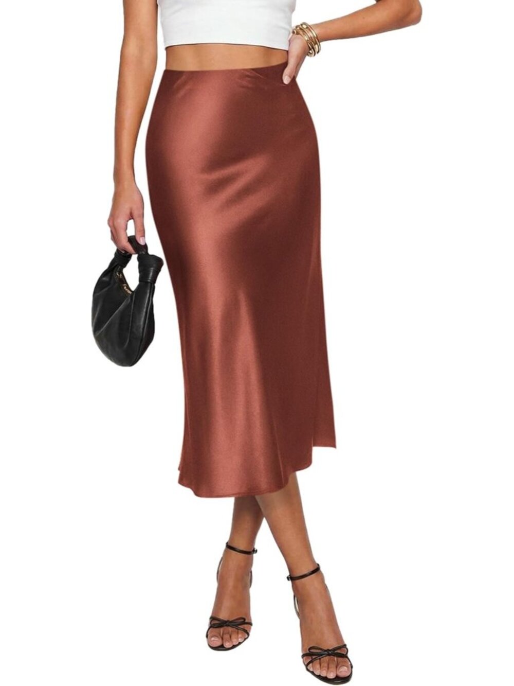 Women Brown Polyester Elastane Casual High Waisted Flowy A Line Silk Midi Skirt